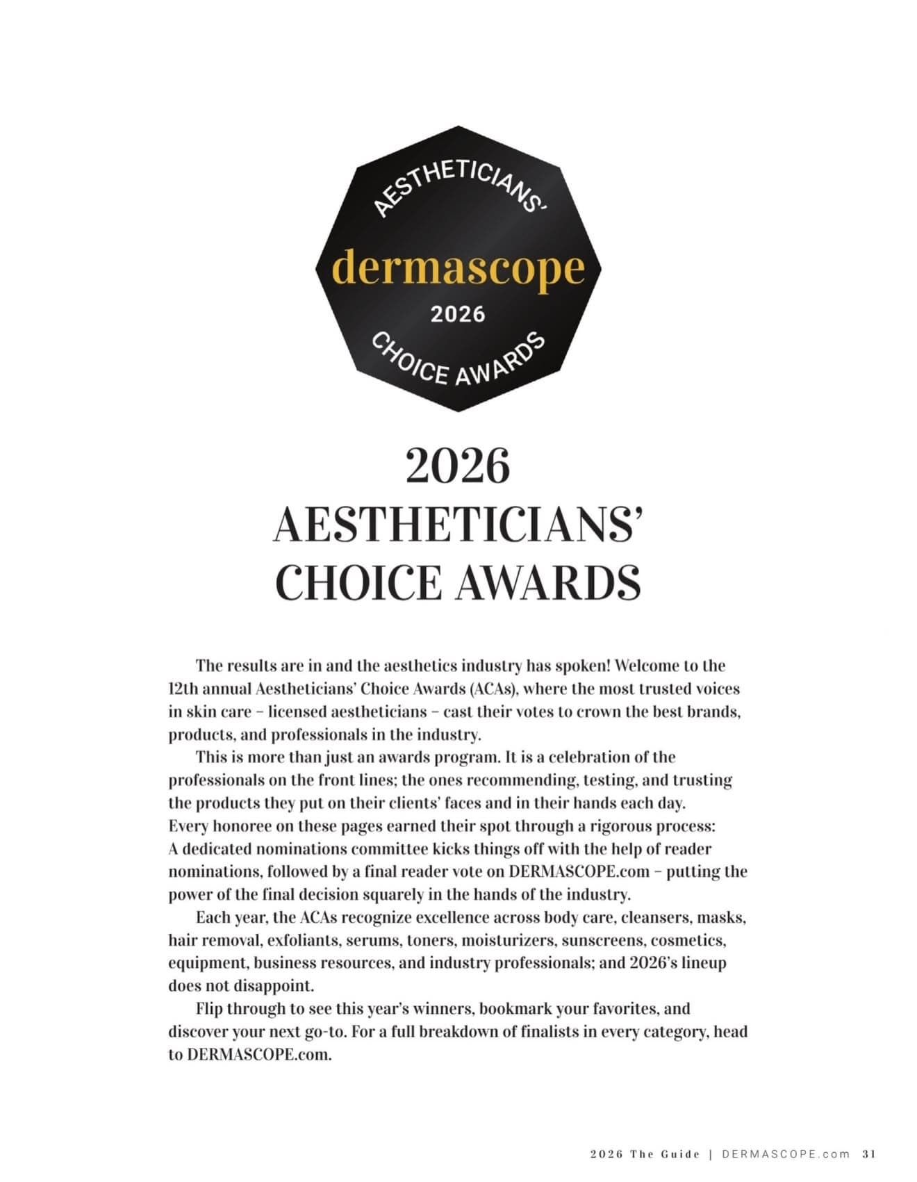 The opening page of Dermascope Magazine’s 2026 Aestheticians’ Choice Awards, page 31
