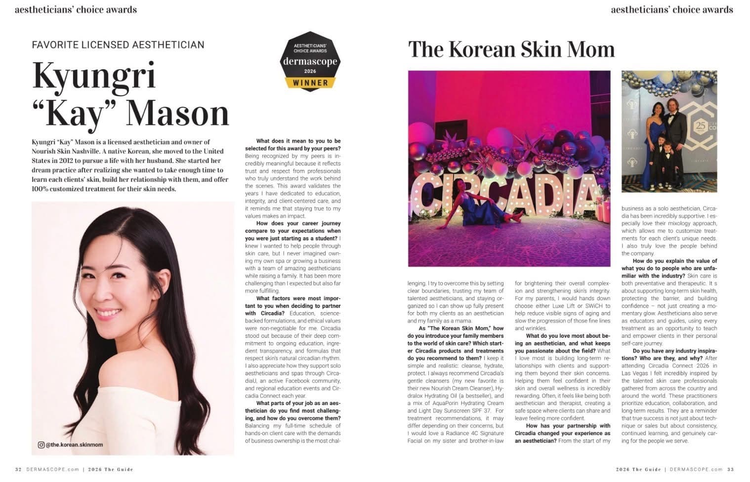 Kay Mason’s Favorite Licensed Aesthetician feature in Dermascope Magazine’s 2026 Aestheticians’ Choice Awards, pages 32–33