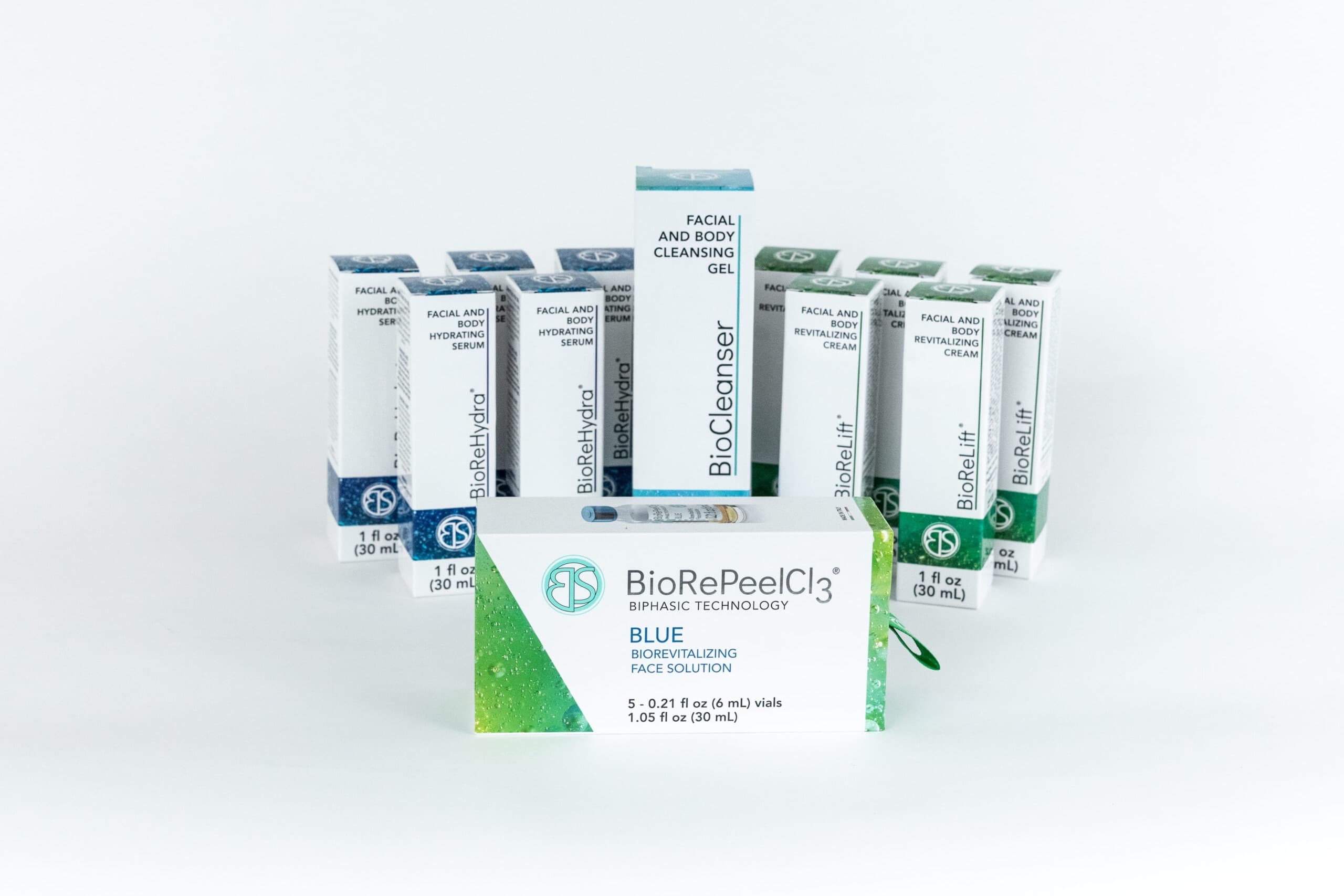A box of BioRePeelCl3 BLUE biorevitalizing face solution in front of BioSkin Aesthetics' retail range